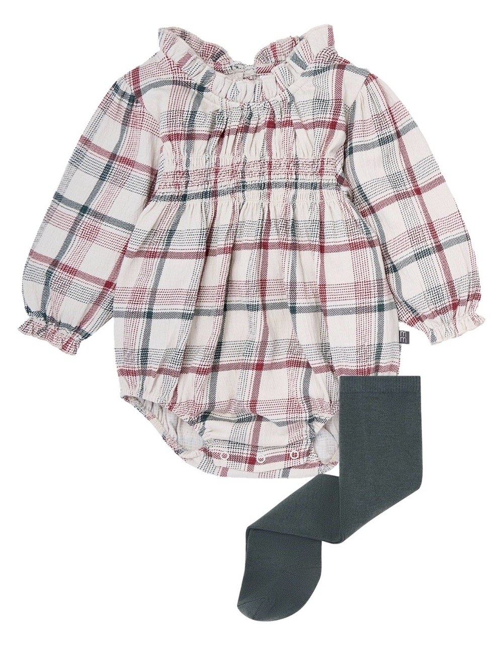 Plaid Smocked Long-Sleeve Baby One-Piece in White and Burgundy